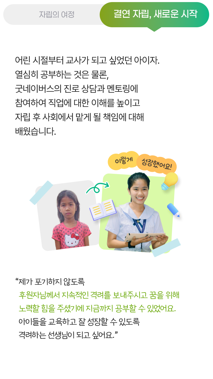 결연 자립, 새로운 시작, 어린 시절부터 교사가 되고 싶었던 아이자. 열심히 공부하는 것은 물론, 굿네이버스의 진로 상담과 멘토링에 참여하여 직업에 대한 이해를 높이고 자립 후 사회에서 맡게 될 책임에 대해 배웠습니다. “제가 포기하지 않도록 후원자님께서 지속적인 격려를 보내주시고 꿈을 위해 노력할 힘을 주셨기에 지금까지 공부할 수 있었어요. 아이들을 교육하고 잘 성장할 수 있도록 격려하는 선생님이 되고 싶어요.”