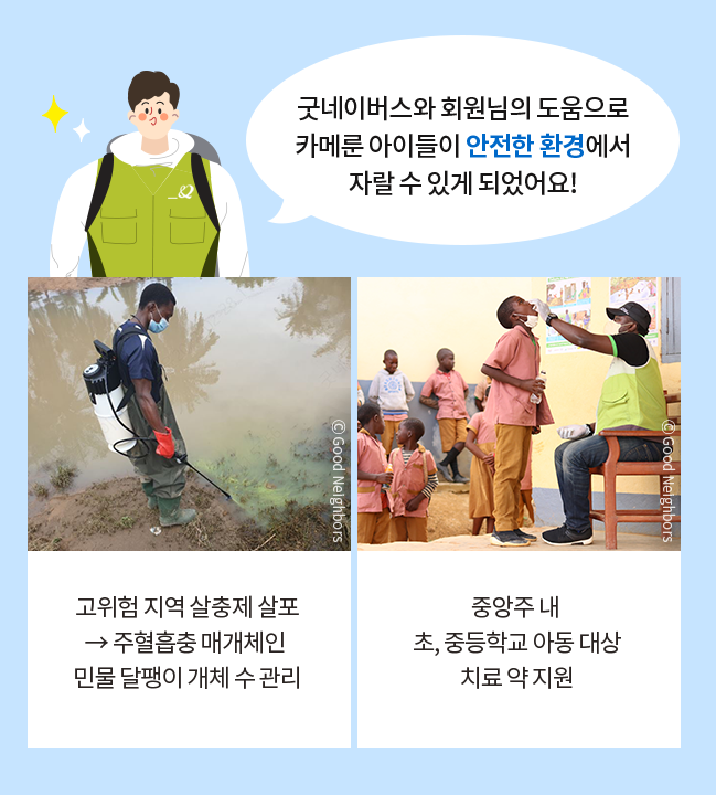 굿네이버스와 회원님의 도움으로 카메룬 아이들이 안전한 환경에서 자랄 수 있게 되었어요! 고위험 지역 살충제 살포 → 주혈흡충 매개체인 민물 달팽이 개체 수 관리, 중앙주 내 초, 중등학교 아동 대상 치료 약 지원